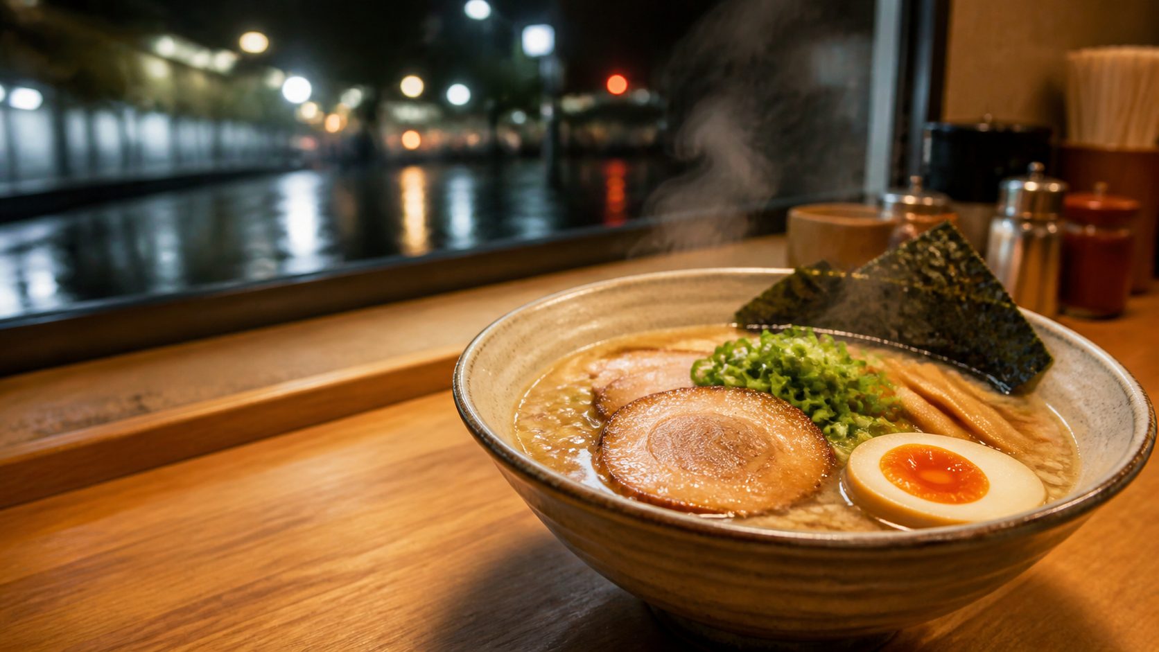 東久留米・清瀬の駅近ラーメン店をイメージした夜のラーメンカウンター