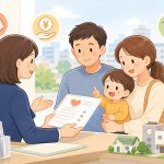 こども手当・助成金の相談をする家族のイラスト