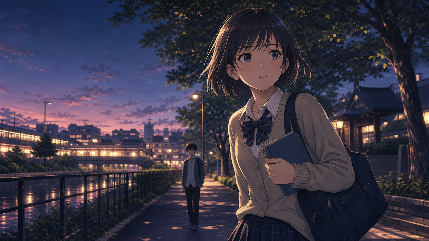 夕暮れの清瀬・東久留米を歩く中学生の少女のイラスト