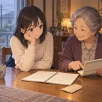 雨の日に祖母と複利の計算表を見る私服姿の相沢澪