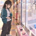ゲームコーナーで星形クッションを見つめる私服姿の相沢澪