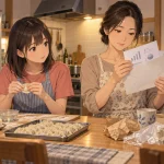 台所で餃子を包みながら母の株主書類を見るエプロン姿の相沢澪