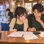 故障した冷蔵庫の前で店主と支払い案を検討するエプロン姿の相沢澪