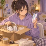 自室で手数料画面を確認しながらヘッドホンを梱包する相沢澪