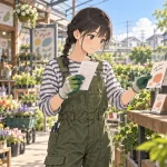 園芸店で給与明細とカメラ価格を見比べる作業着姿の相沢澪