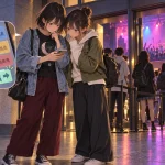 市民ホール前で追加席と転売価格を確認する相沢澪と友人