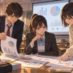 放課後の教室で架空企業の財務資料を比較する相沢澪とクラスメート