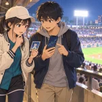 野球場で選手カードの価格推移を見る相沢澪と亮太
