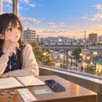 放課後の図書室で経済と投資を学ぶ女子高生